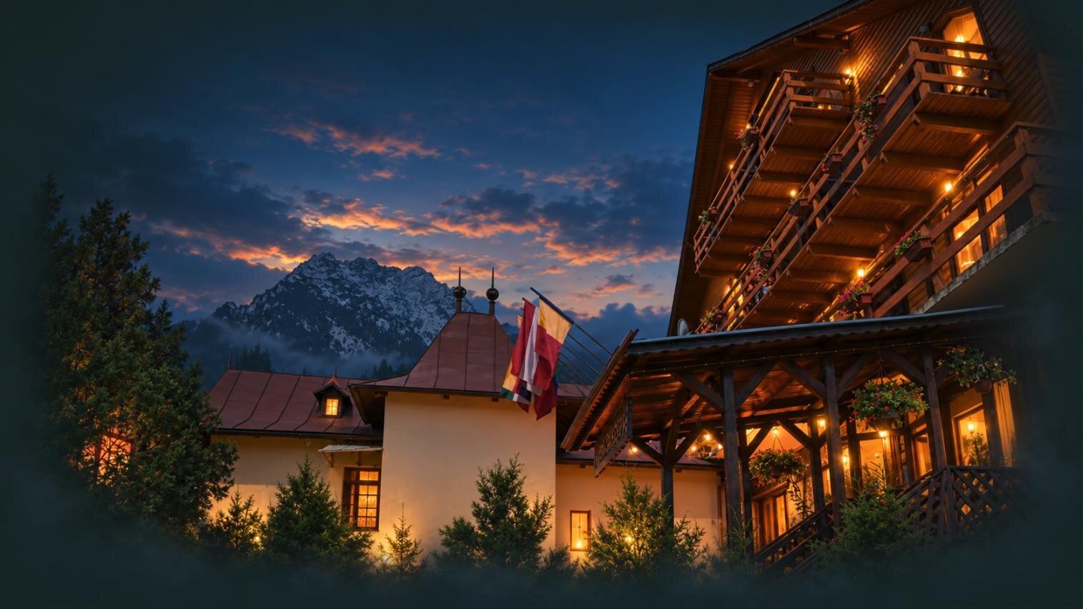 Casa Magică 1, seara, cu balcoanele de lemn luminate